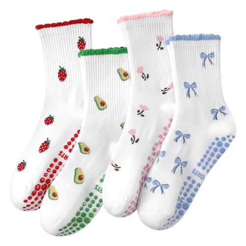 Pilates Socks with Grips for Women - 4 Pairs in Pink, Red, Blue & Green