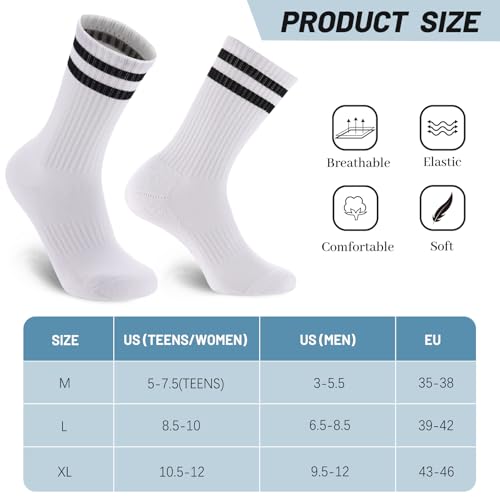 Ultrafun X-Large White Striped Crew Socks - Cotton Cushioned Athletic Sports Socks for Men Women Teens