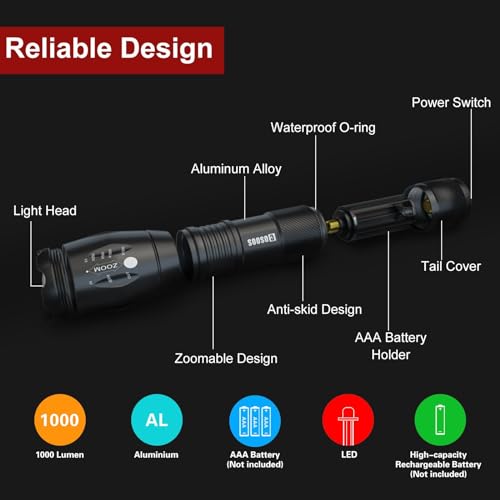 COSOOS Tactical LED Flashlight with Holster, Waterproof, 5-Mode, Zoomable, High Lumens, Emergency & Outdoor Hiking Gear