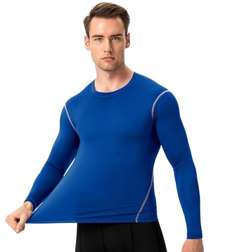 Men's Long Sleeve Compression Shirt - Thermal Workout Top - Large Blue