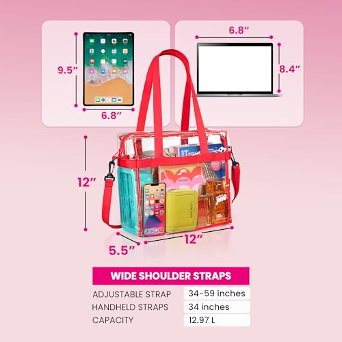 Clear Stadium Approved Tote Bag with Zipper Strap - Red