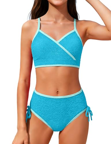 Girls' Color Block V Neck Two Piece Swimsuit with Bow Tie