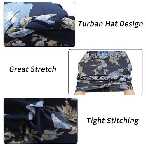 ZLYC Women's Pre-Tied Braid Floral Navy Lightweight Chemo Headwear Turban