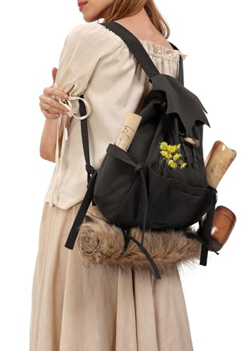 KUOIN Black Medieval Drawstring Backpack Renaissance Fantasy Bag for Cosplay & Ren Fairs