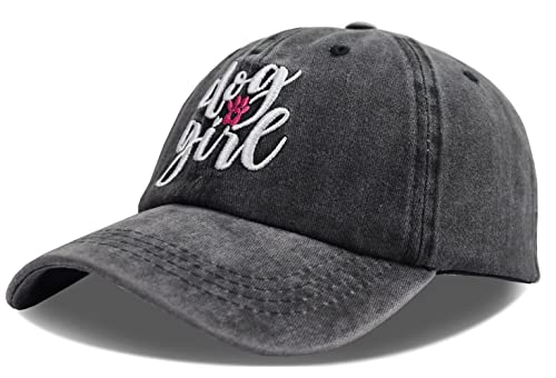 Dog Girl Embroidery Baseball Cap - Adjustable Vintage Denim - Black