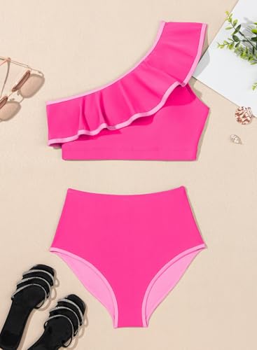Herseas Women's One-Shoulder Bikini Set with Ruffle Hem, High-Waisted, Medium, Bright Pink