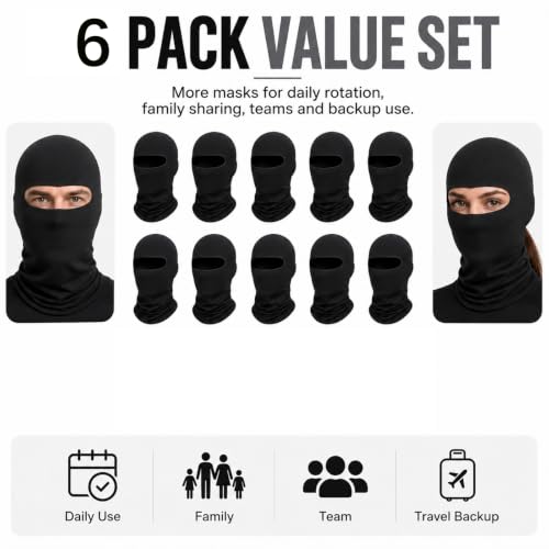 15 Pack Black Ski Mask & Neck Gaiter Set - UV Protection, 6 Pcs