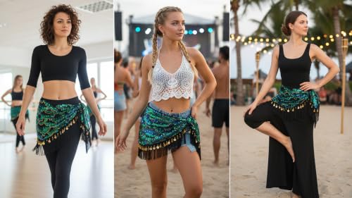 Green One Size Sequin Peacock Belly Dance Hip Scarf Wrap for Women