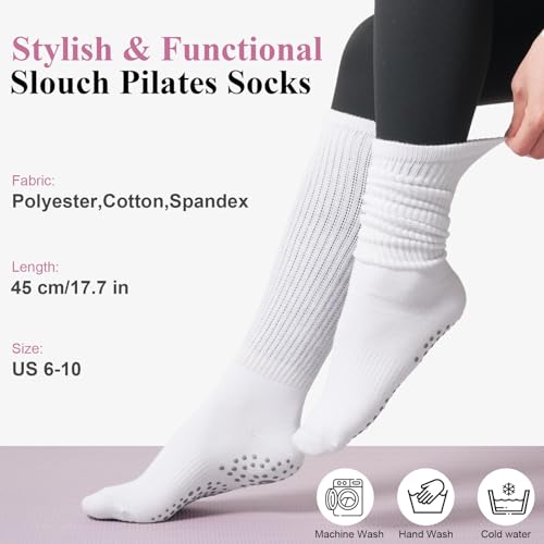 Horuru Pilates Grip Socks for Women - 3 Pairs, White, Black, Grey, Yoga & Barre