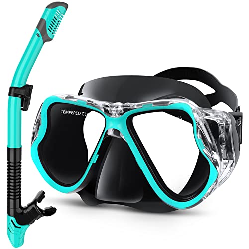 Greatever Snorkeling Mask Set for Adults & Kids, Anti-Fog Dry Snorkel, Black Green, Large