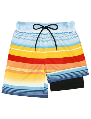 Sarfel Boys Swim Trunks with Compression Liner - Kids Board Shorts, Quick Dry, 14-16 Years, Blue Red Orange Stripes