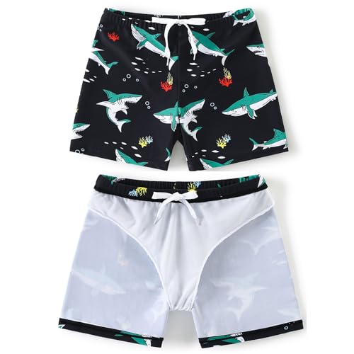 Boys Swim Trunks - Quick Dry Board Shorts for Ages 7-8 Years - Black Shark