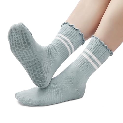 Pilates Crew Socks with Grips for Women - Light Blue, Mint Green & Pink