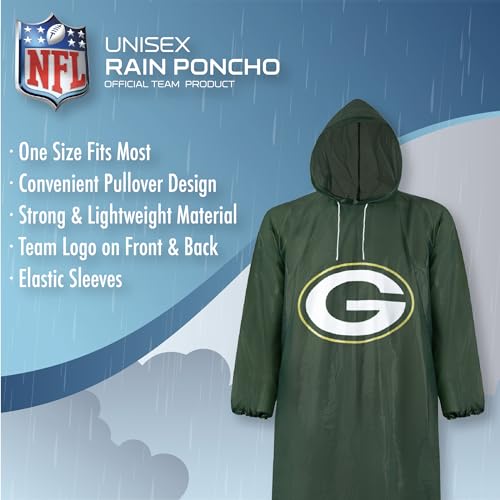 Green Bay Packers Waterproof Rain Poncho - Unisex with Elastic Sleeves