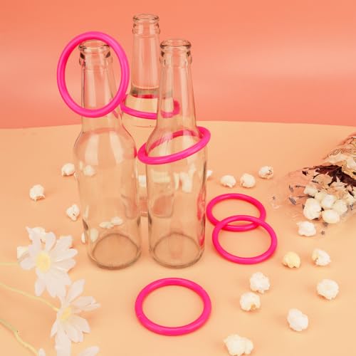 Pink 2.36 Inch Ring Toss Game Set with 6 Glass Bottles and 24 Plastic Rings - Summer Backyard & Carnival Fun