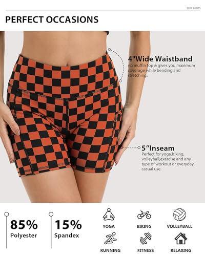 ZLLW Women's High Waist Print Yoga Shorts - Large Black & Orange, 5-Inch Squat Proof Biker Athletic Shorts