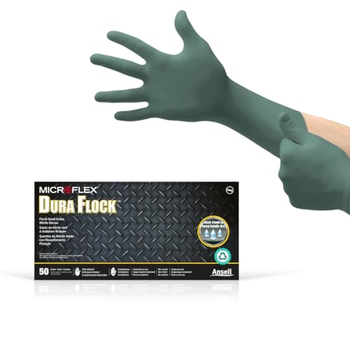 Ansell MICROFLEX Dura Flock DFK-608 Thick 11mil Nitrile Gloves for Automotive, Aftermarket, Machinery - Large, Green (Box of 50)