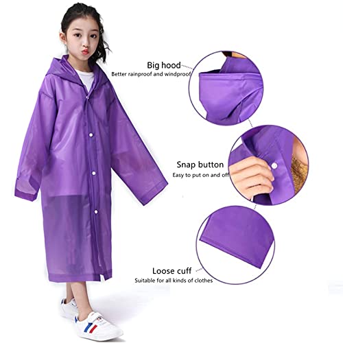 Kids Rain Poncho - Reusable EVA Raincoat with Hood, Pink+Purple