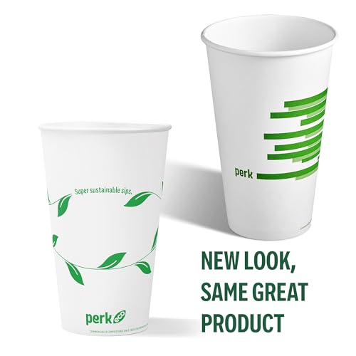 Perk 16oz Compostable Paper Hot Cups - 300 Pack, White/Green Disposable Coffee Cups