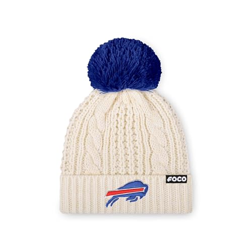 Buffalo Bills Cable Knit Pom Beanie Hat - One Size - White