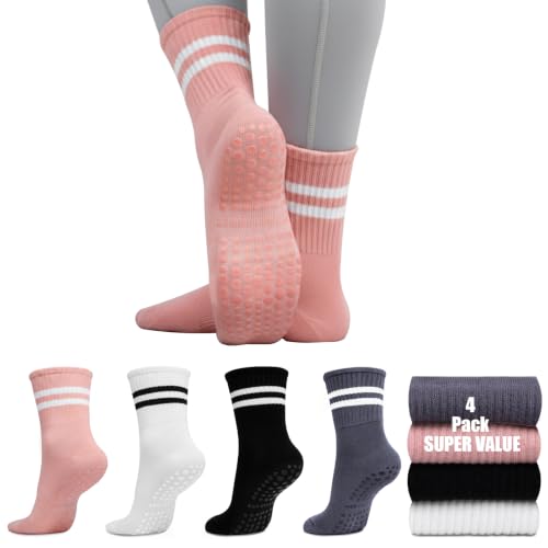 Non-Slip Pilates Grip Socks for Women - 4 Pair Athletic Crew Set for Yoga