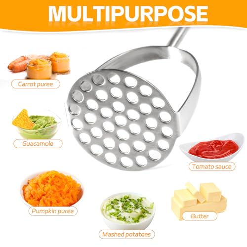 Tuyotue Heavy Duty Stainless Steel Potato Masher with Brown Wooden Handle, Professional Veggie & Meat Mincer