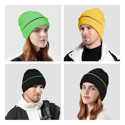 Unisex Reversible Winter Beanie - Knit Cuff Warm Hat - Black/Bright Green