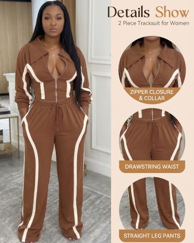 Ophestin Women's Brown Medium 2-Piece Tracksuit Set with Striped Jacket & Long Pants