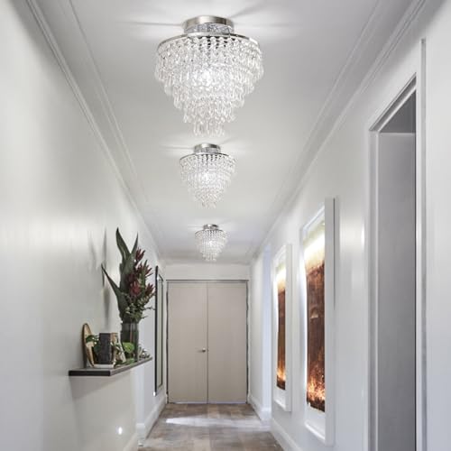 FRIXCHUR 11.8" Crystal Chandelier Chrome Flush Mount Ceiling Light 5 Tiers Raindrops Silver Chandeliers for Bedroom Hallway Living Room,E26 Base