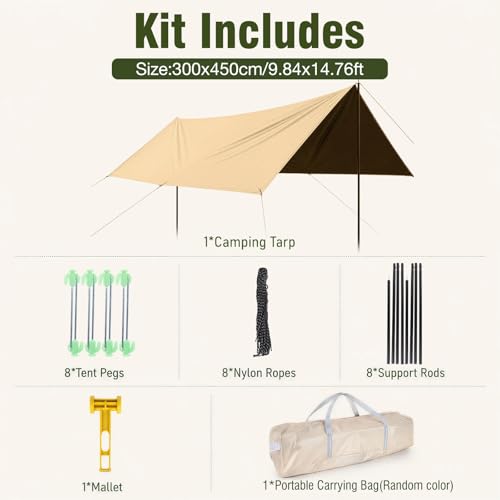 Caoditu 3x4.5m Waterproof Camping Tarp with Poles - All-Weather Sunshade & Rain Fly