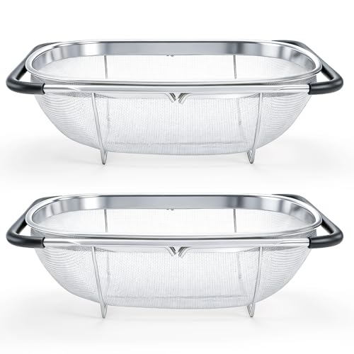2 Pack Over Sink Oval Colanders - Stainless Steel Mesh Strainers with Expandable Handles, 6 Quart Capacity