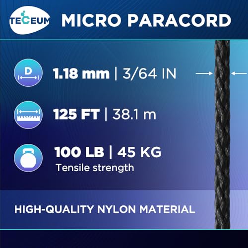 Micro Paracord Rope 1.18 mm x 125 ft - Black Braided Cord for DIY