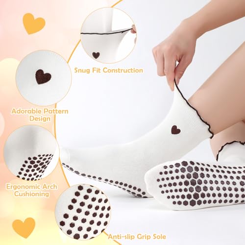 Cute Grippy Pilates Socks - Non-Slip Ruffle, 5 Pairs, Size 4.5-8.5 - White, Black, Beige, Khaki, Coffee Brown