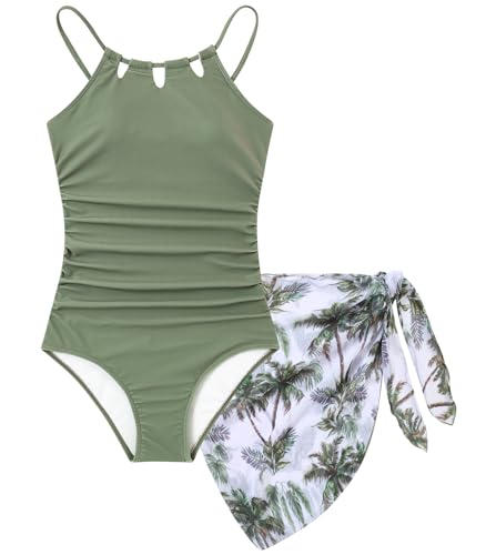 Girls 13-14 Years Green One-Piece Swimsuit with Cover Up - Size 7-16 by Cuddomper