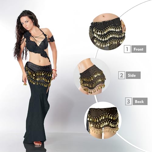 Belly Dance Hip Scarf with 128 Gold Coins - Black
