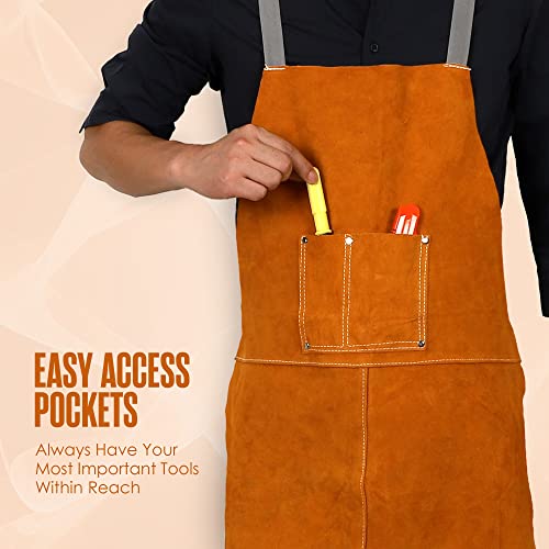 Leather Apron, Welding Apron, For Men, Blacksmith, Work Bib, Heat Resistant, Welder Gear, Forging, Woodworking, Wood, Metal Working, Blacksmithing, Shop Clothing, Flame/Heat Resistant, 23 x 35 Inch