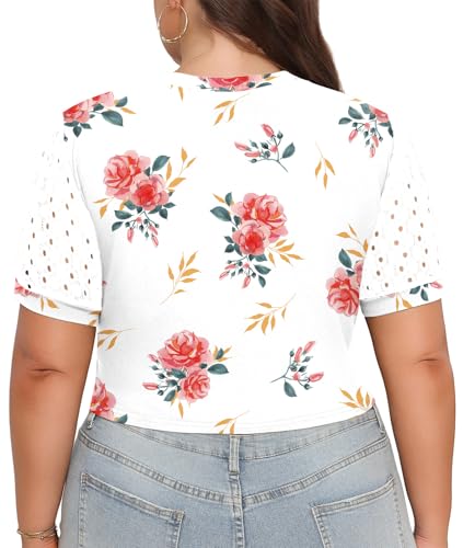 Plus Size Lace Crop Top - Women's Summer Short Sleeve Athletic Tee - Roses White