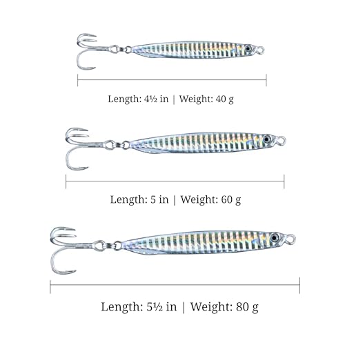Navicatch Silver Saltwater Fishing Jigs 3-Piece Set 40g-80g for Striped Bass & Mackerel
