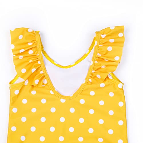 Girls One-Piece Swimsuit - Ruffle Bathing Suit, Yellow Polka Dots K01, 6-7 Years