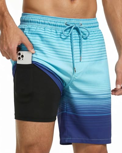 Justay 2 in 1 Mens Swim Trunks 7 Inch, Beach Shorts with Pockets