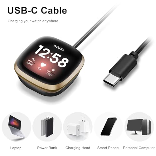 USB A + USB C Charger Cable for Fitbit Versa 4 & Sense 2 - 2 Pack