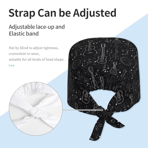 Cool Black Guitar Print Scrub Caps for Men and Women - Adjustable