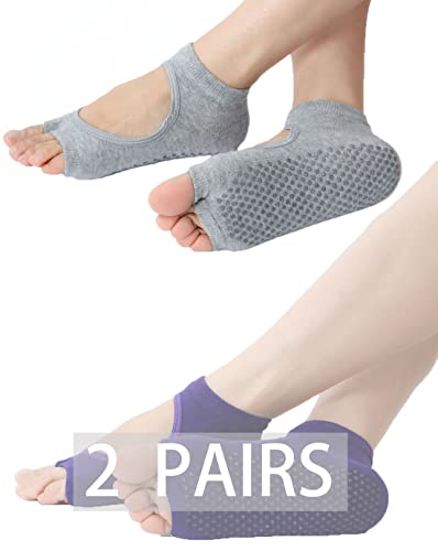 Toeless Pilates Socks for Women - 2 Pairs, Gray & Purple, US 5-9.5
