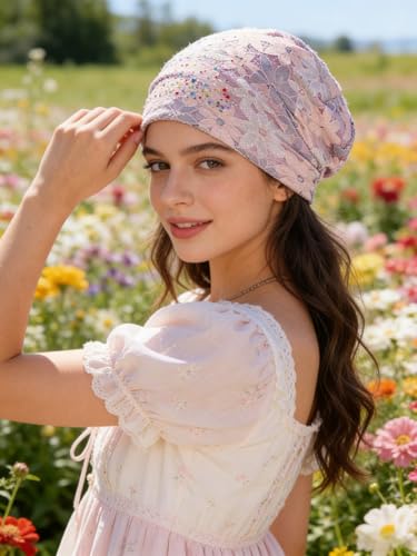 Light Pink Rhinestone Lace Beanie for Women - Lightweight Fashion Hat