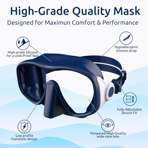 Oceanic Navy Frameless Adult Snorkel Mask with Tempered Glass & Quick-Release Buckles