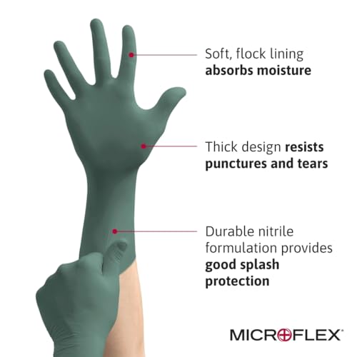Ansell MICROFLEX Dura Flock DFK-608 Thick 11mil Nitrile Gloves for Automotive, Aftermarket, Machinery - Large, Green (Box of 50)