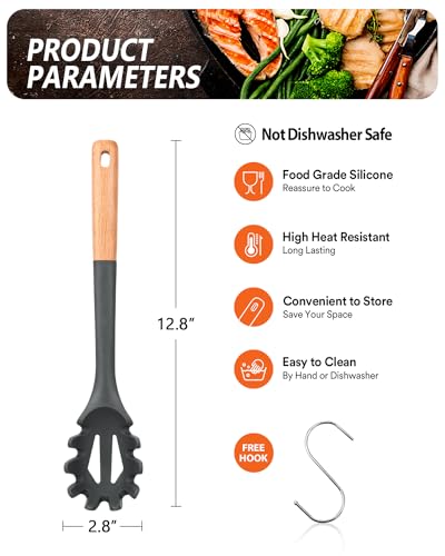 Badiano Grey Silicone Pasta Fork 12.8in Non-Stick Noodle Spoon Kitchen Utensil