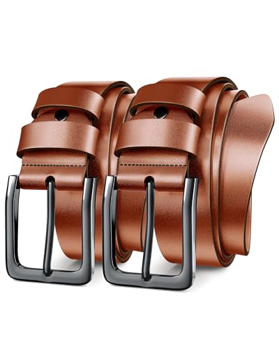 Men's Genuine Leather Dress Belt - Casual 1.5" Width, Brown - 2pcs, Size 37-40"