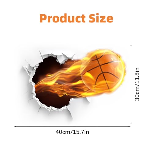 Wall Art 3D Basketball Wall Sticker, Removable Cracked Wall Decor Murals, Flying Fire Basketball Peel and Stick Wall Decals for Basketball Fans Men Boys Kids Playroom Bedroom Sports Hall