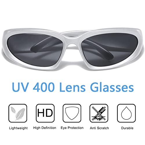 Wrap Around Sports Sunglasses - Silver & Black Oval Frame